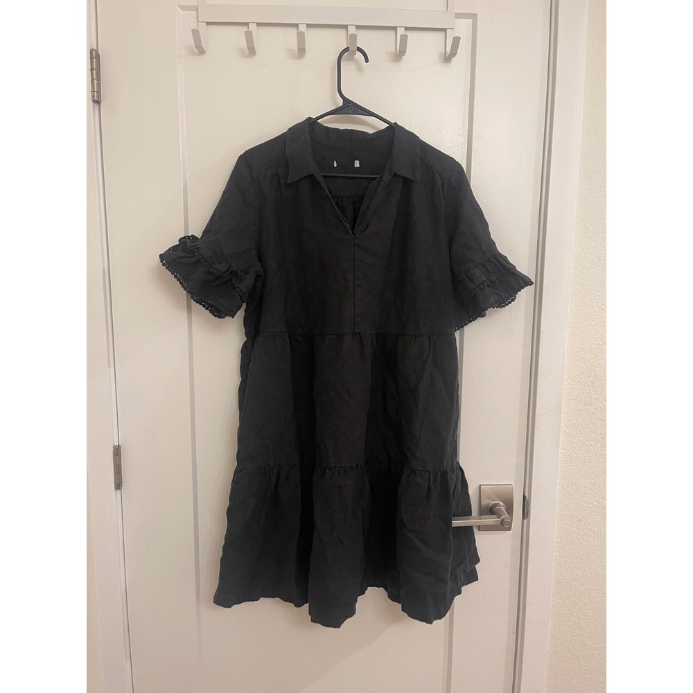 Women's 100% Linen Black Ruffled Sleeve Midi Dress Euro‎ Luxury